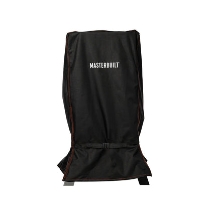 Black smoker cover with 'Masterbuilt' branding on a white background