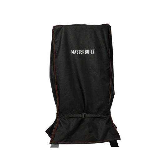 Black smoker cover with 'Masterbuilt' branding on a white background