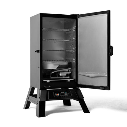 Black and gray smoker grill with open door on a white background