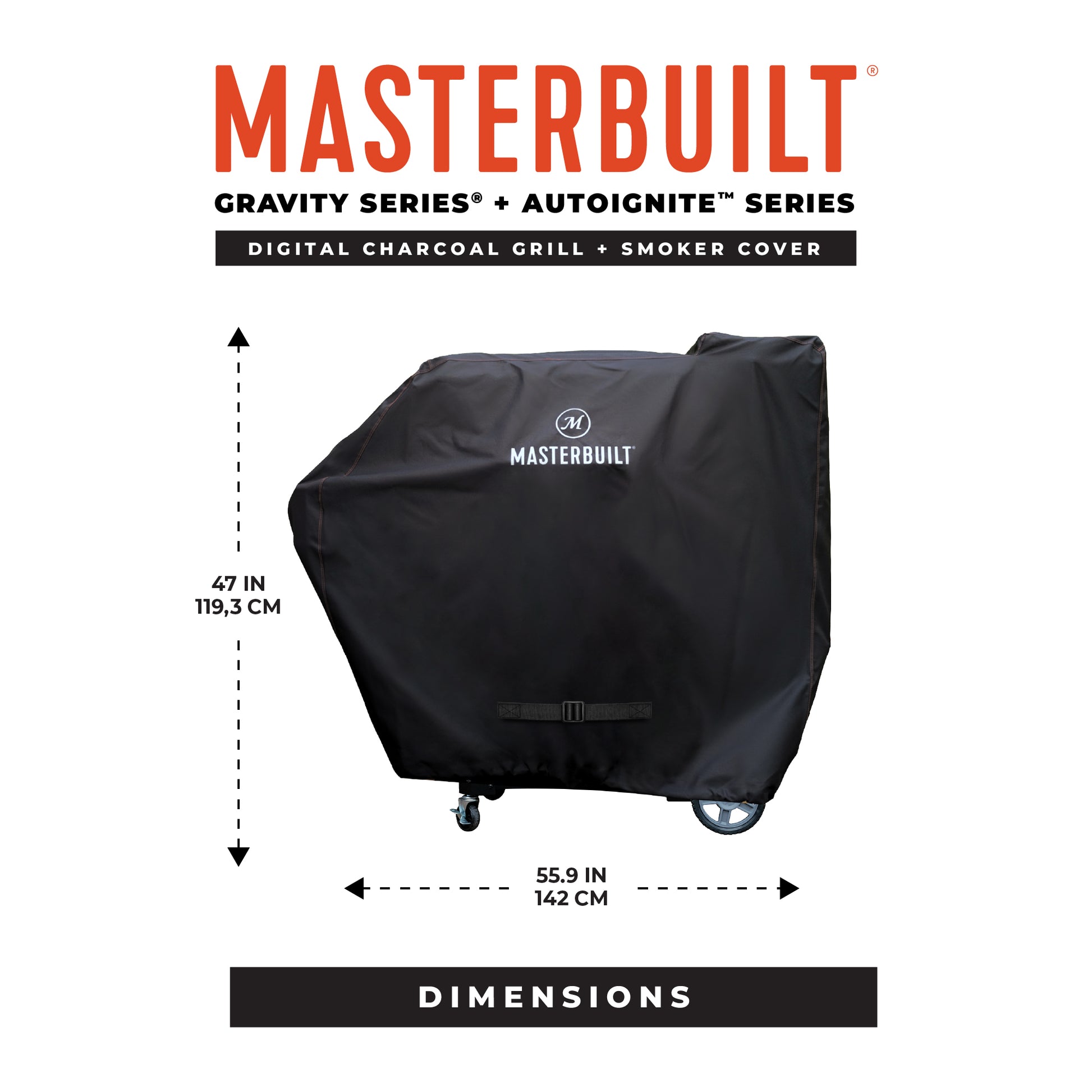 Masterbuilt digital charcoal grill and smoker cover with dimensions on a white background