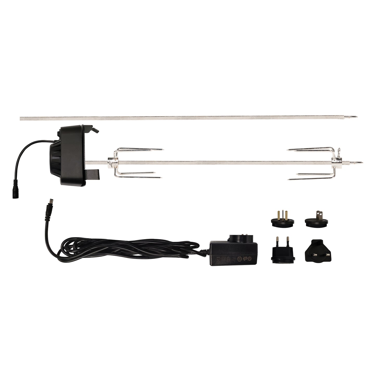 Electric rotisserie kit with attachments on a white background