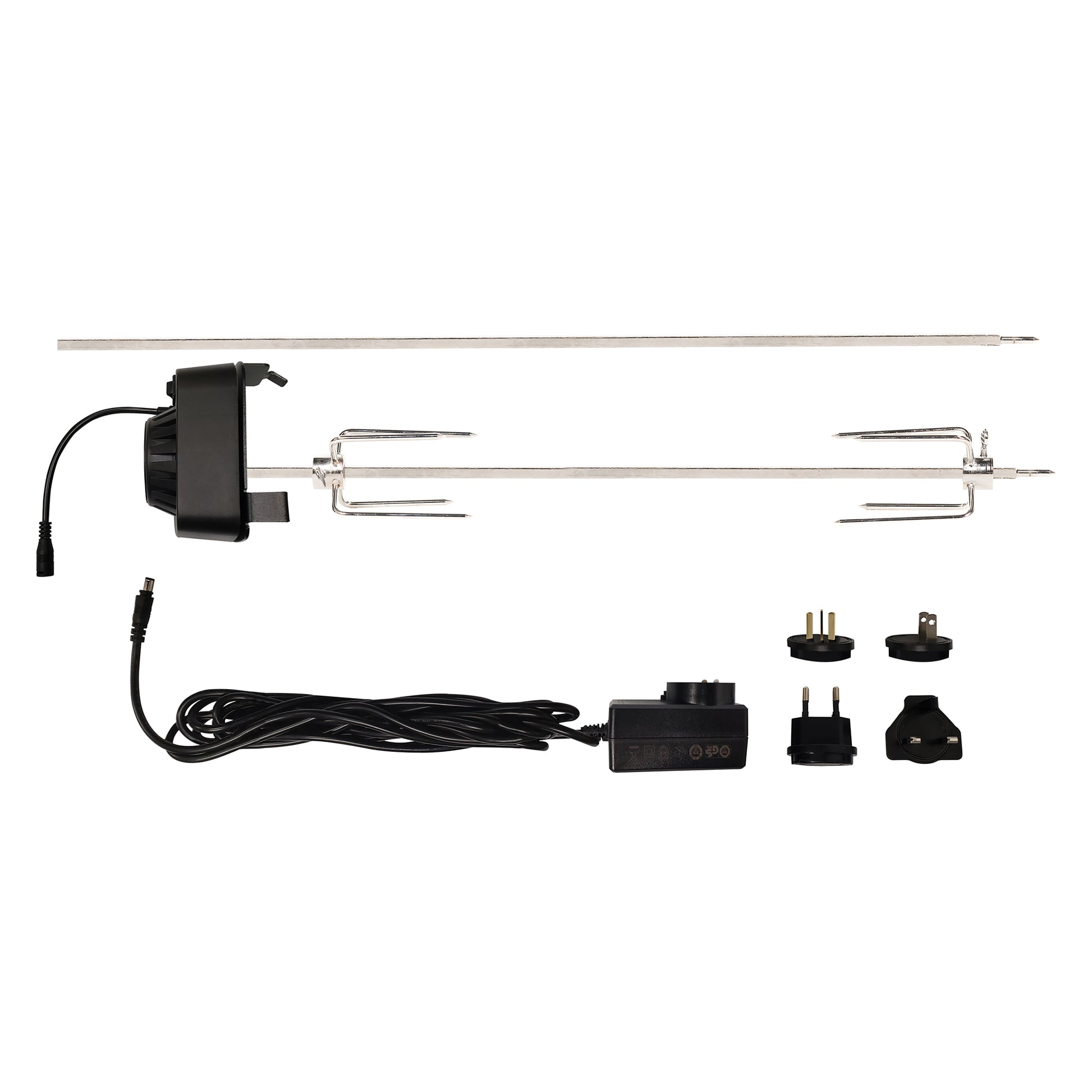 Electric rotisserie kit with attachments on a white background