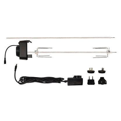 Electric rotisserie kit with attachments on a white background