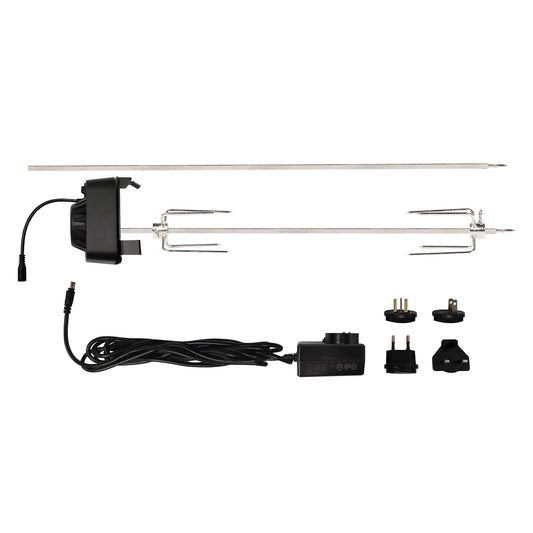 Electric rotisserie kit with attachments on a white background