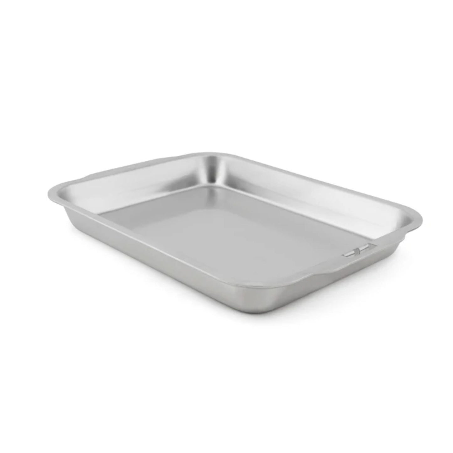 Stainless steel roasting tray on a white background.