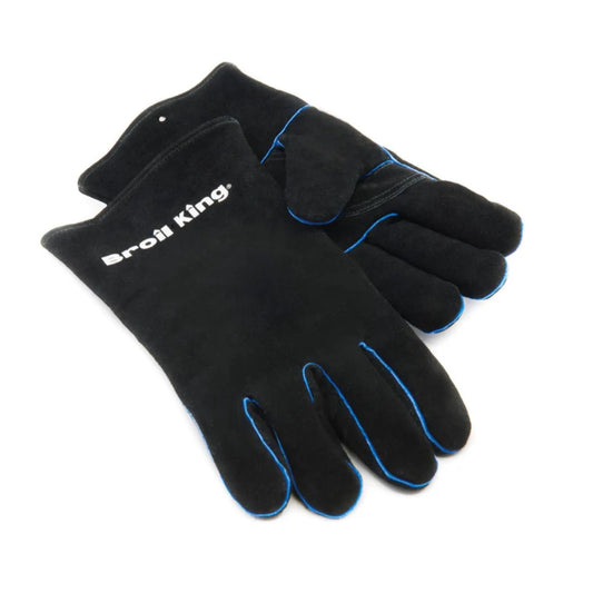 Broil King black leather gloves for BBQ on a white background. 