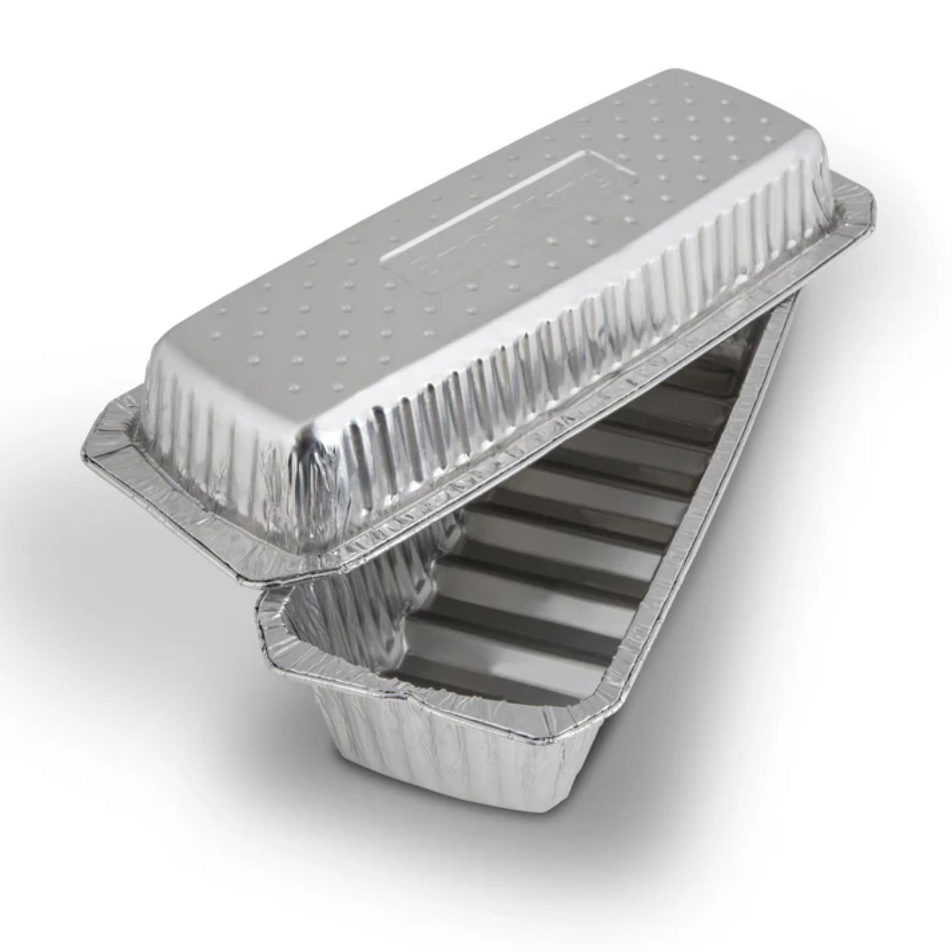 Two metallic food containers with lids on a white background