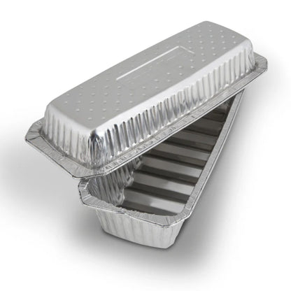 Two metallic food containers with lids on a white background