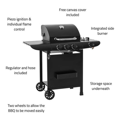 Callow 3 Burner Gas Grill BBQ with Cover, Lid and Side Burner