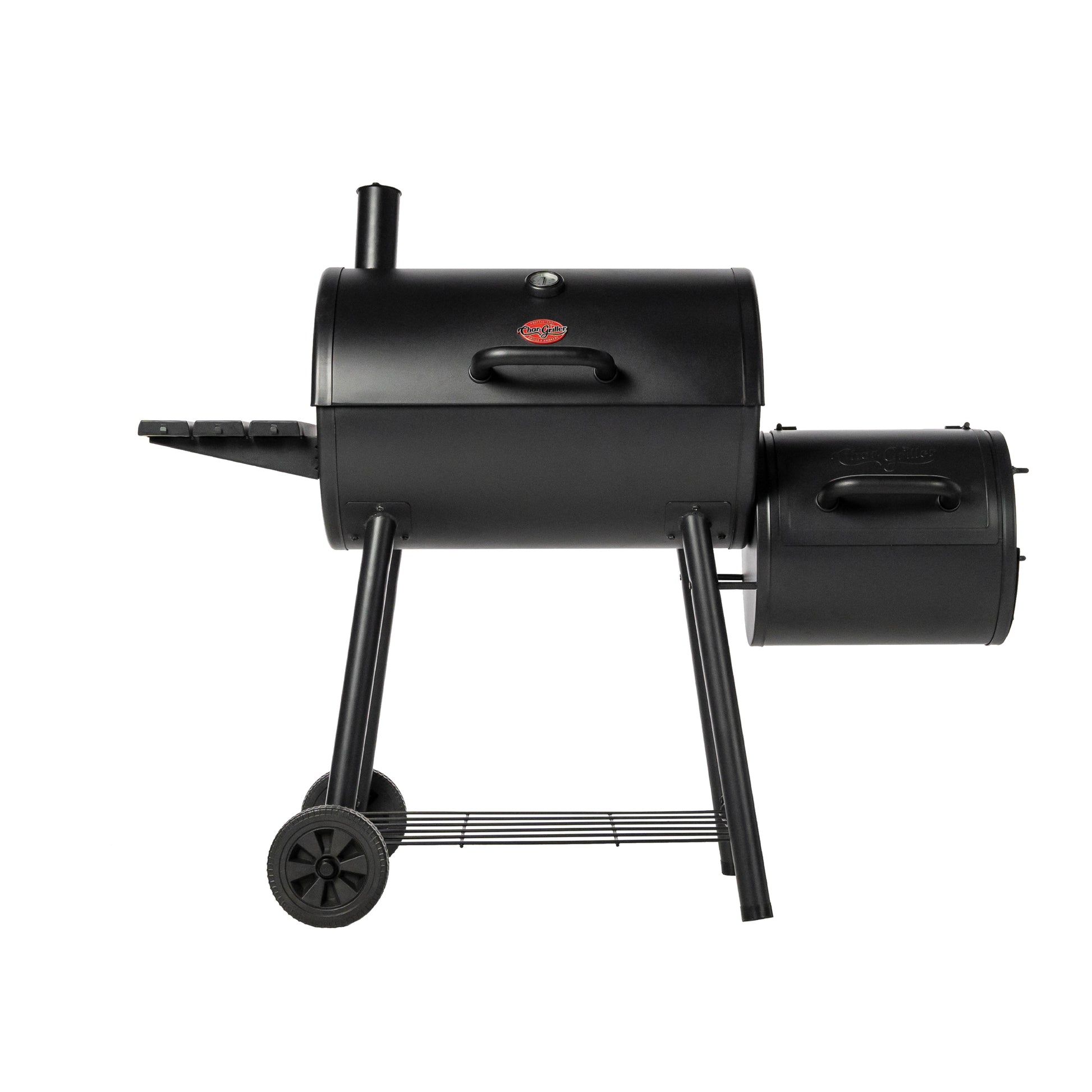 Black barrel-style barbecue grill on a white background