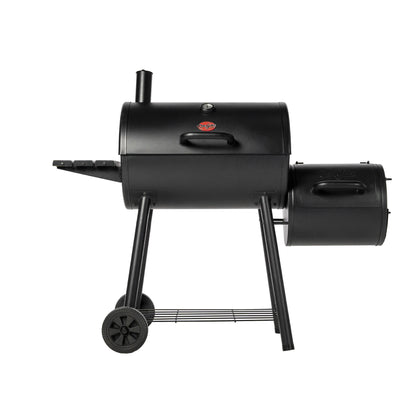 Black barrel-style barbecue grill on a white background