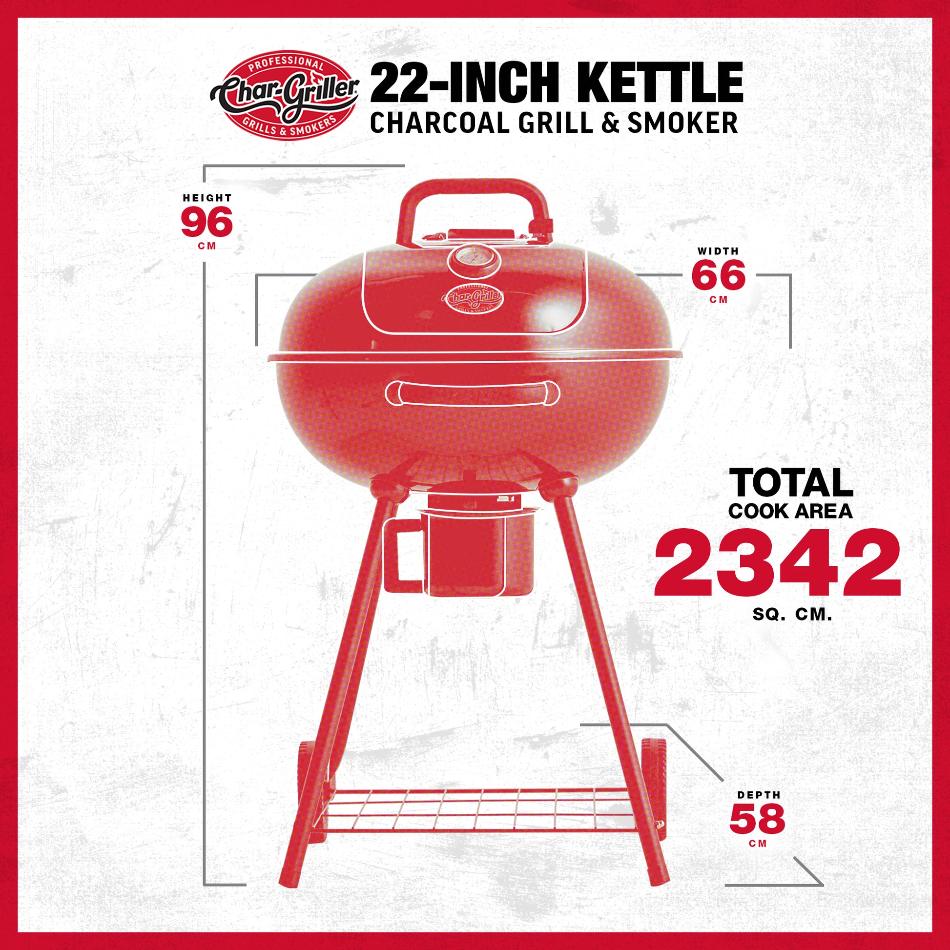 Red Char-Griller 22-inch kettle charcoal grill & smoker with dimensions and cook area details on a white background.