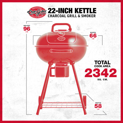Red Char-Griller 22-inch kettle charcoal grill & smoker with dimensions and cook area details on a white background.