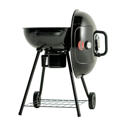 Black charcoal grill with a lid on a white background