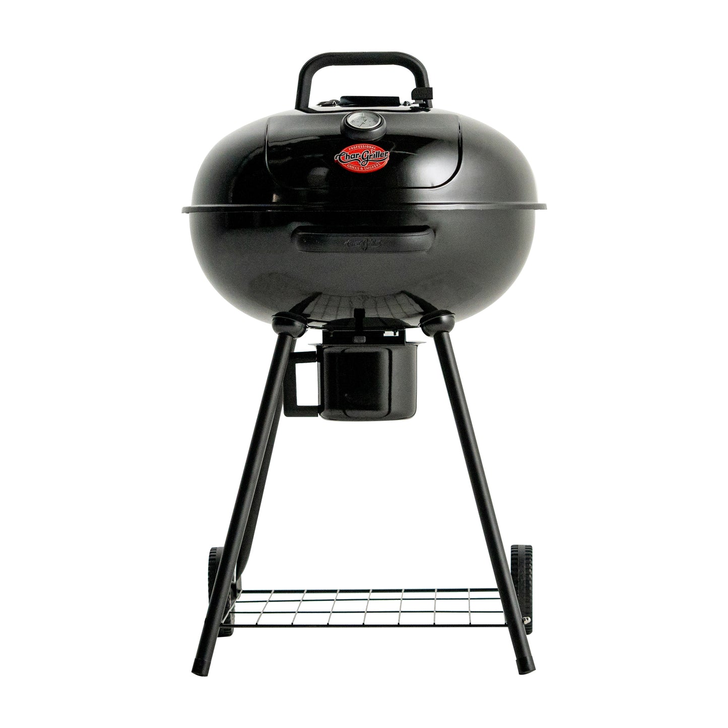Black portable grill with wheels on a white background