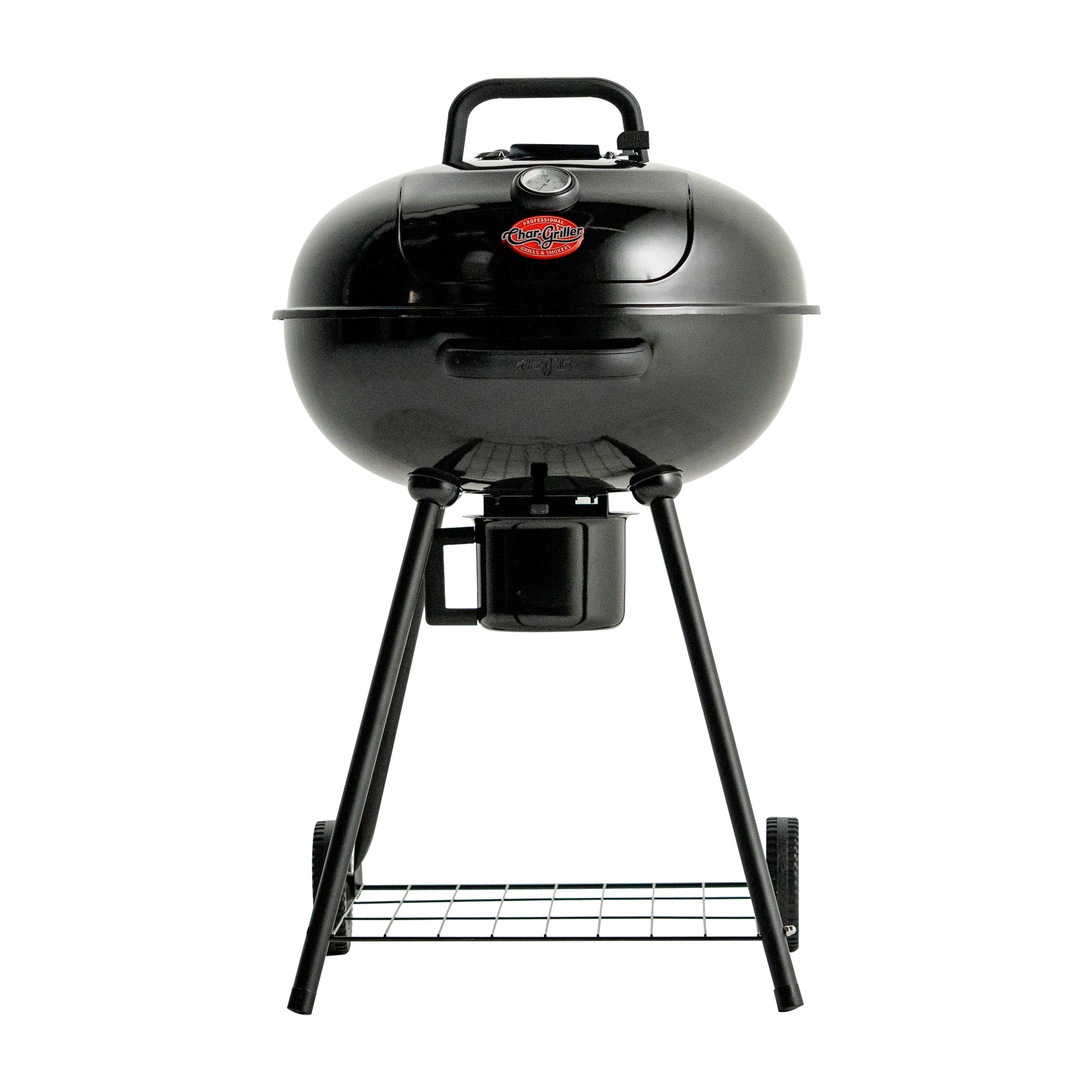 Black portable grill with wheels on a white background