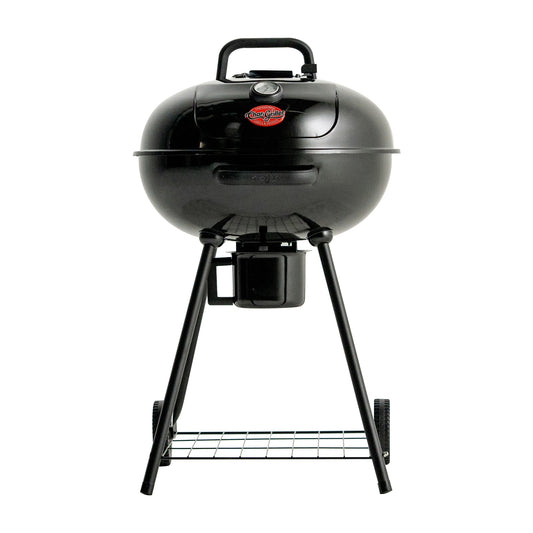 Black portable grill with wheels on a white background