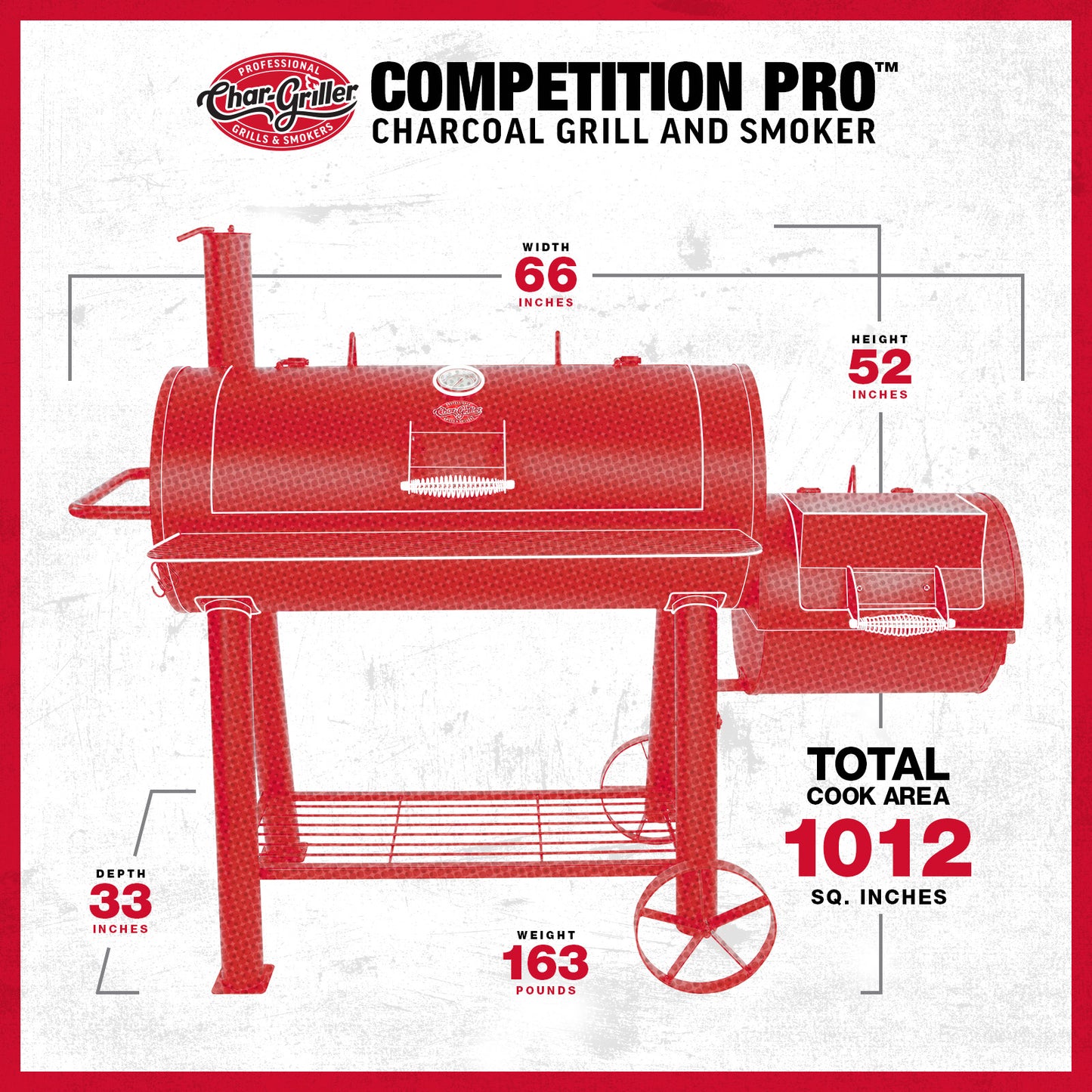 Red Char-Griller Competition Pro charcoal grill and smoker with dimensions and features on a white background.