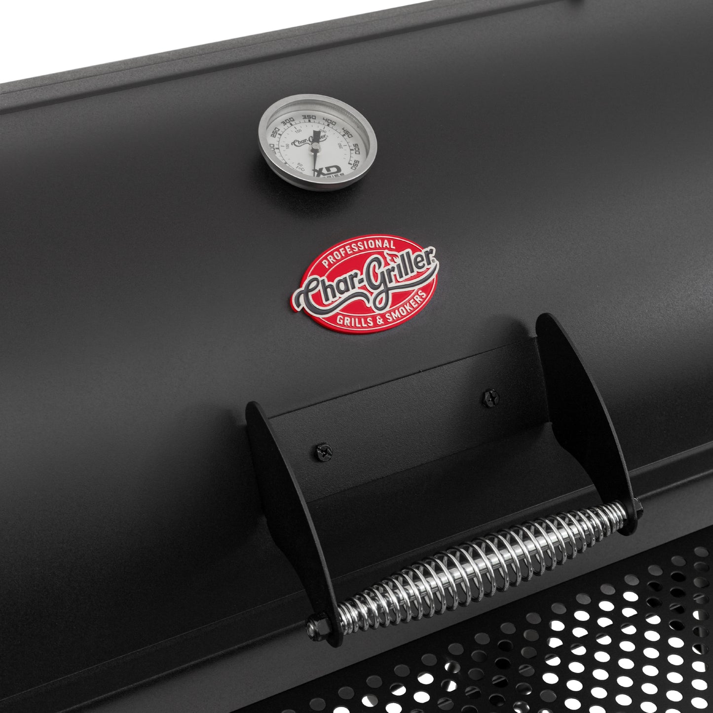 Close-up of a Char-Griller grill with thermometer and logo