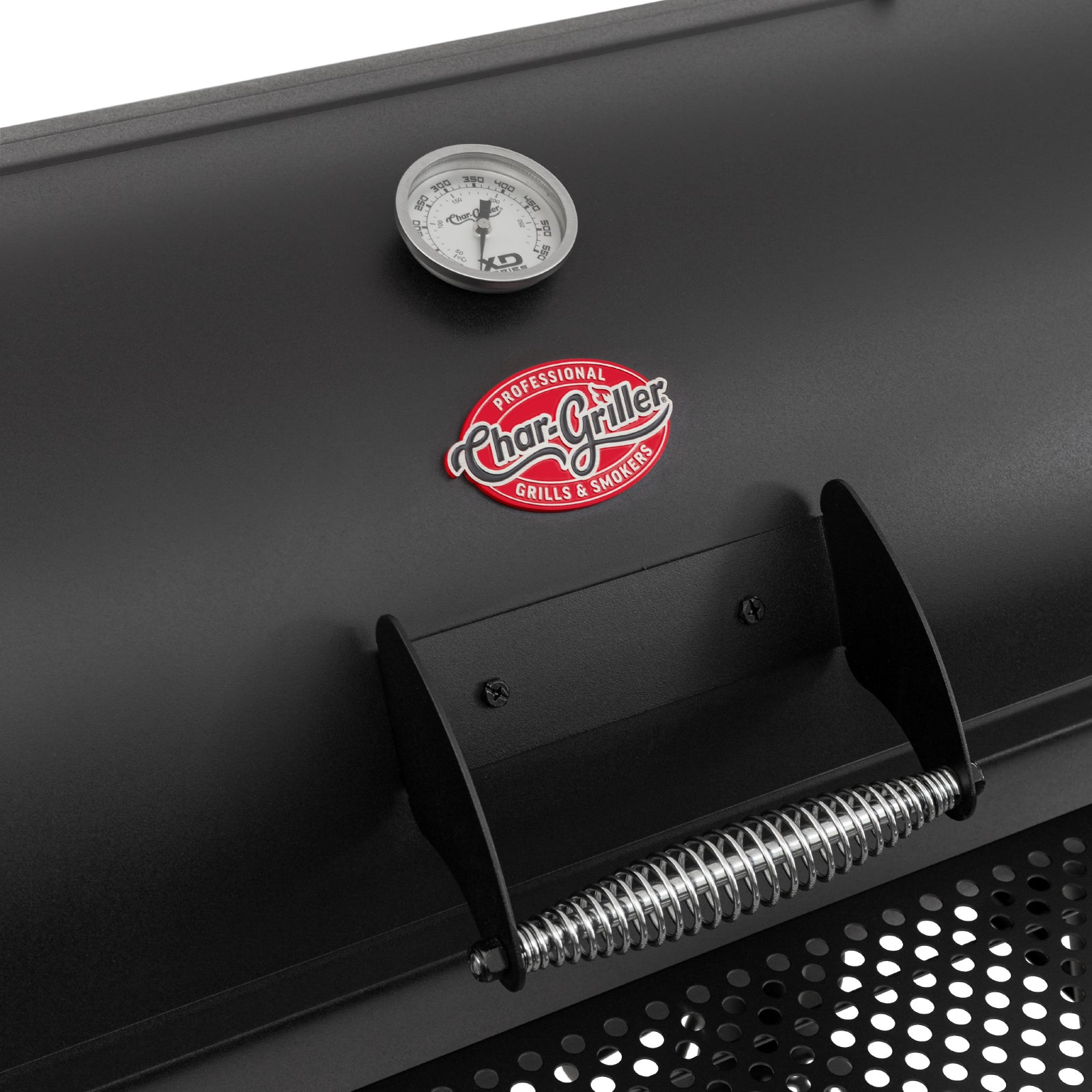 Close-up of a Char-Griller grill with thermometer and logo