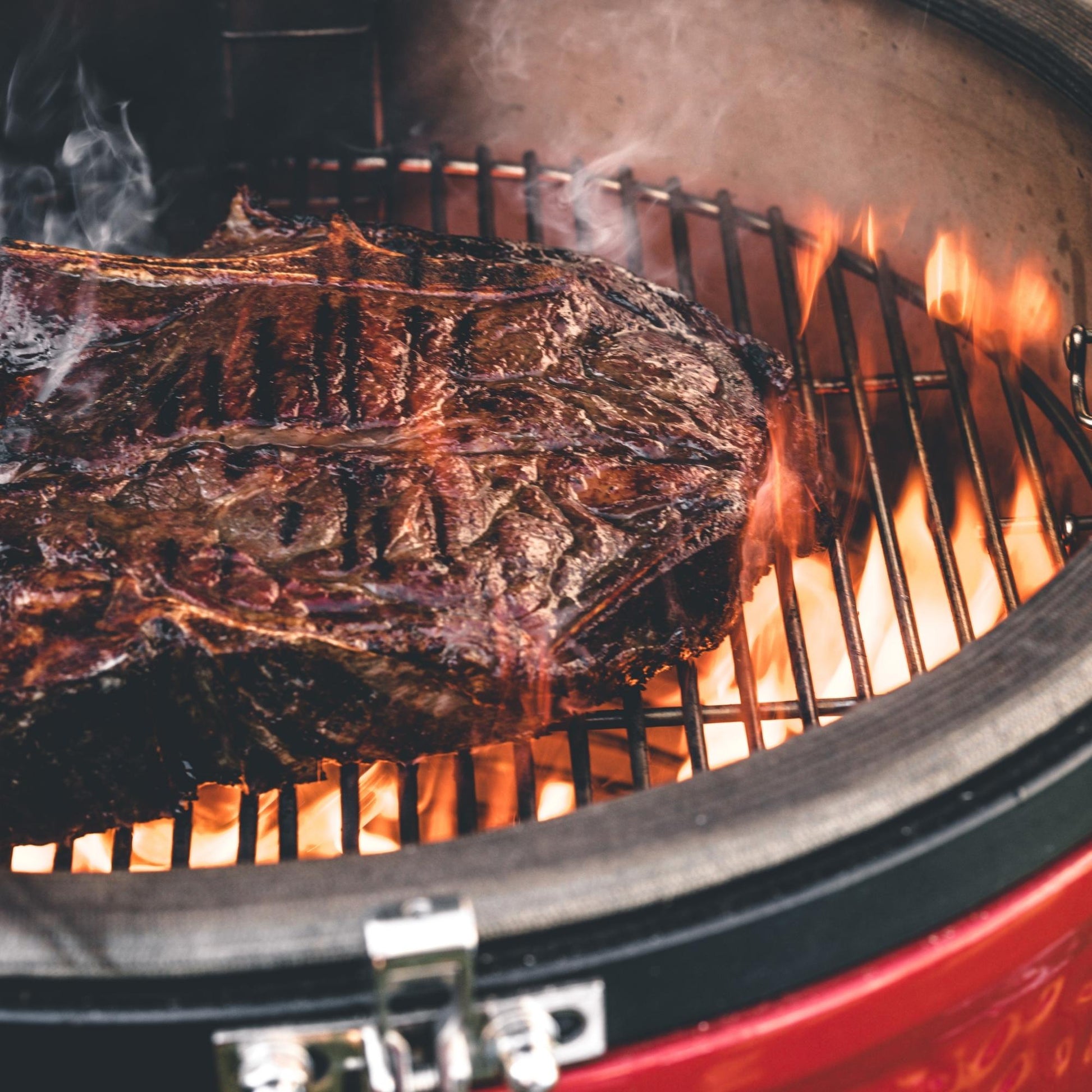 Close-up of a large piece of meat being grilled over flames