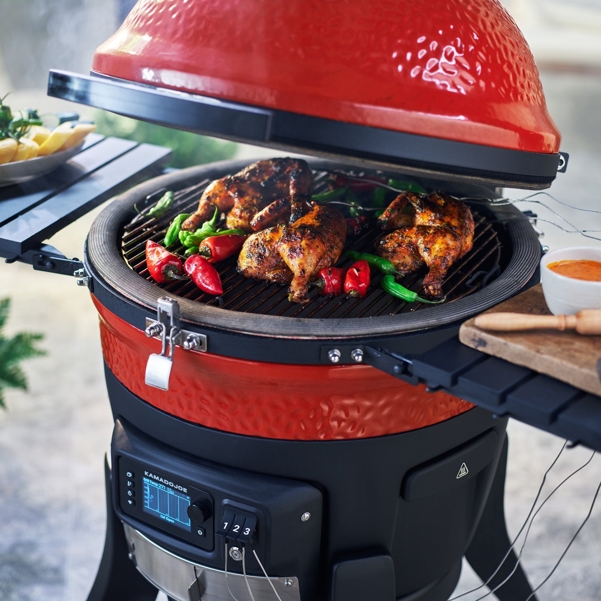 Red barbecue grill with chicken and vegetables on a blurred outdoor background