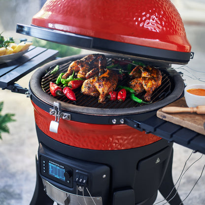 Red barbecue grill with chicken and vegetables on a blurred outdoor background