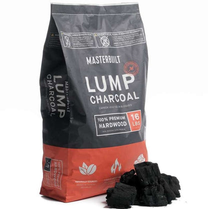 Bag of Masterbuilt lump charcoal with some charcoal pieces in front on a white background