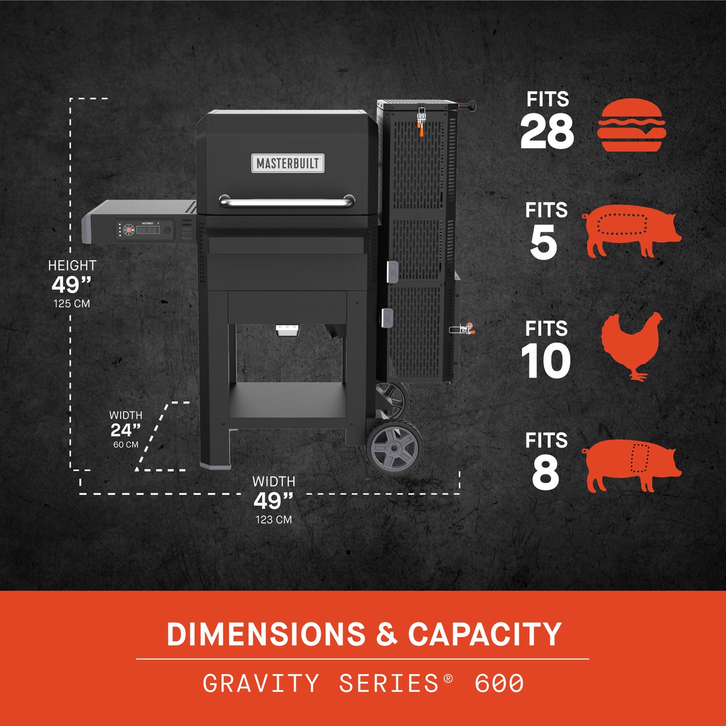 Masterbuilt Gravity Series 600 grill with dimensions and capacity details on a dark background