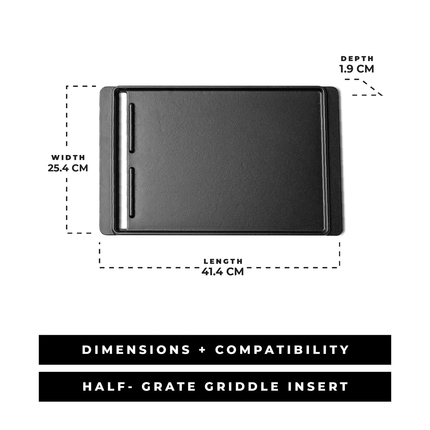 Black half-grate griddle insert with dimensions labeled on a white background