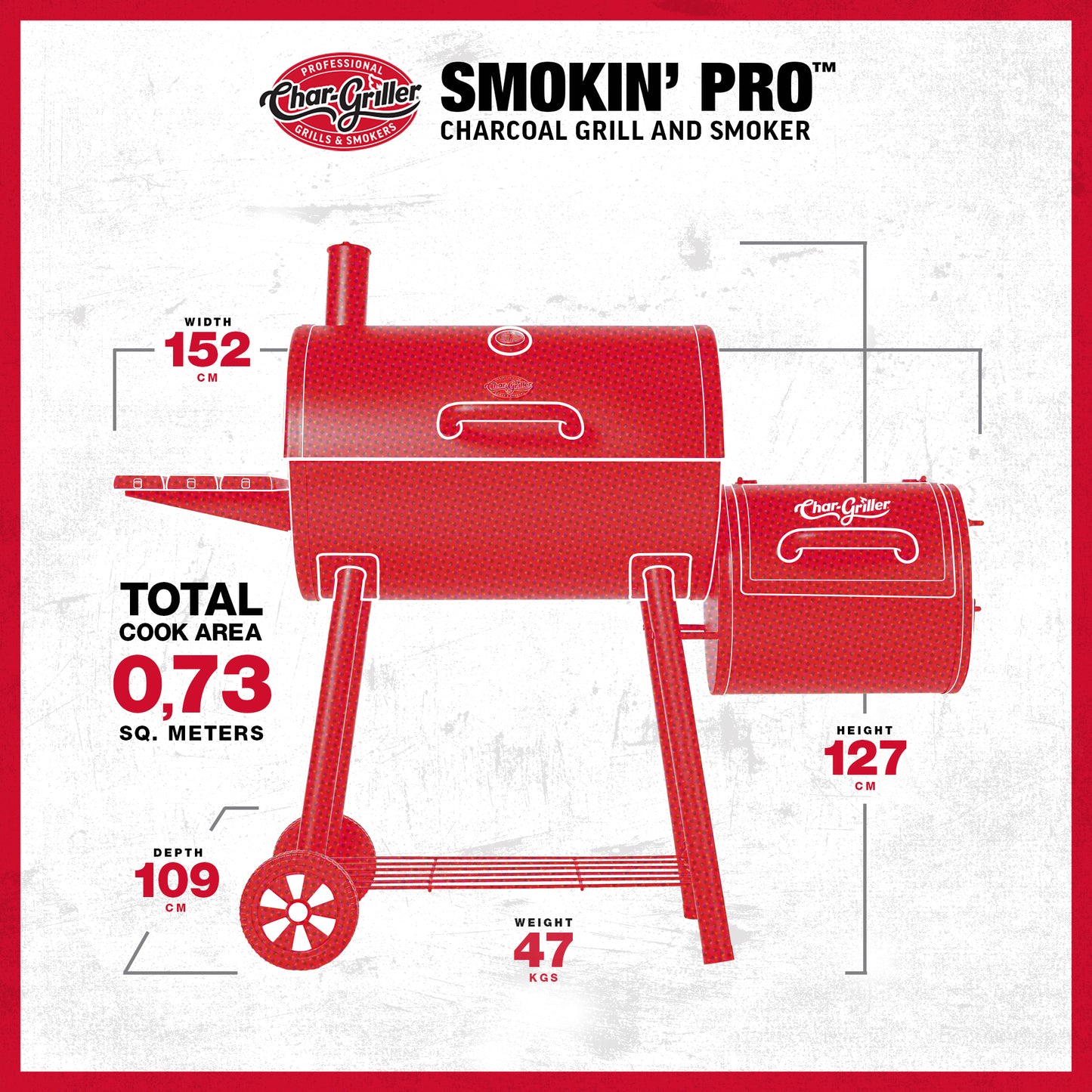 Red Char-Griller Smokin' Pro charcoal grill and smoker with dimensions and features on a white background.