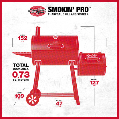Red Char-Griller Smokin' Pro charcoal grill and smoker with dimensions and features on a white background.