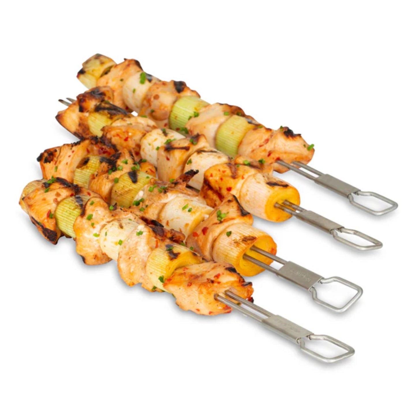 Four skewers of grilled chicken and vegetables on a white background
