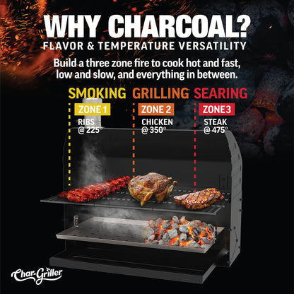 Charcoal grill with cooking zones for smoking, grilling, and searing, featuring Char-Griller branding.