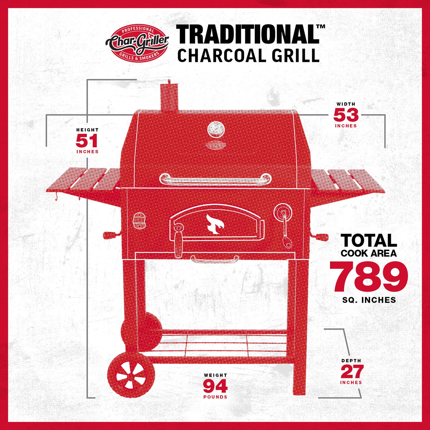 Red charcoal grill with dimensions and features on a white background