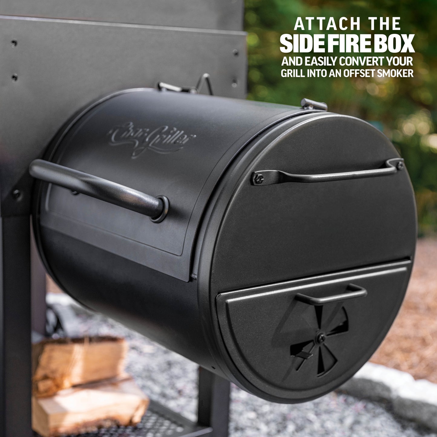 Black side fire box attachment for a grill with text on how to use it.
