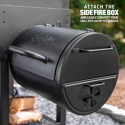 Black side fire box attachment for a grill with text on how to use it.